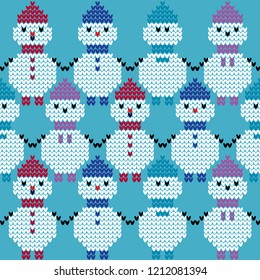 Seamless vector background with knitted Snowmen. Winter pattern. Can be used for wallpaper, textile, invitation card, wrapping, web page background.