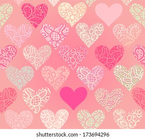 Seamless vector background. Lacy rosy pattern with hearts.