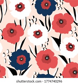 Seamless vector background large red white and blue florals. Repeating poppy flower background Scandinavian style. Use for fabric, wallpaper, 4th of July decor