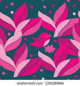 Seamless vector background with leaves, birds, clouds. Spring day. Cute cartoon. Can be used for wallpaper, textile, invitation card, wrapping, web page background.