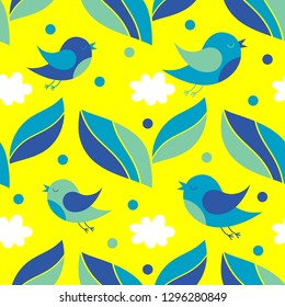 Seamless vector background with leaves, birds, clouds. Spring day. Cute cartoon. Can be used for wallpaper, textile, invitation card, wrapping, web page background.