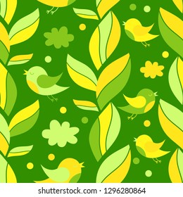 Seamless vector background with leaves, birds, clouds. Spring day. Cute cartoon. Can be used for wallpaper, textile, invitation card, wrapping, web page background.