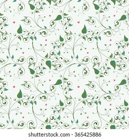Seamless vector background with leaves and hearts. All design elements consist of hearts. Wedding or Valentine's Day.
