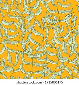 Seamless vector background with leaves. Simple vector drawing. Manual graphics. Stylish vintage illustration. Designer wallpaper, fabrics, postal packaging. Colored background