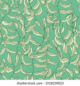Seamless vector background with leaves. Simple vector drawing. Manual graphics. Stylish vintage illustration. Designer wallpaper, fabrics, postal packaging. Colored background