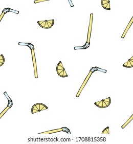 Seamless vector background with lemon slices and straw.