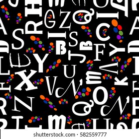 Seamless vector background with letters. White characters on black background, colorfull dots, different fonts. 