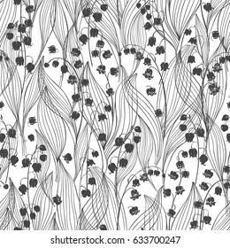 Seamless vector background with lilies of the valley.  Black and white floral illustration.