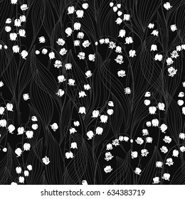 Seamless vector background with lilies of the valley.  Black and white floral illustration.