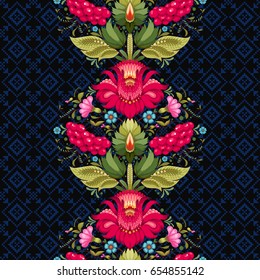 Seamless vector background with line of floral ukrainian pattern in the style of Petrykivka painting. Ornament similar to embroidery on dark backdrop.