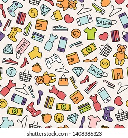 Seamless vector background with line shopping icons. Colorful objects on light background