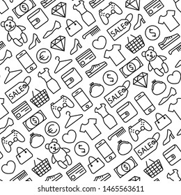 Seamless vector background with line shopping icons. Isolated on white background