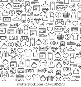 Seamless vector background with line shopping icons. Isolated on white background