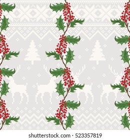 Seamless vector background with lines of holly. Norwegian pattern. Christmas collection.
