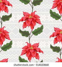 Seamless vector background with lines of poinsettia flowers. Scandinavian ornament. Christmas collection. 