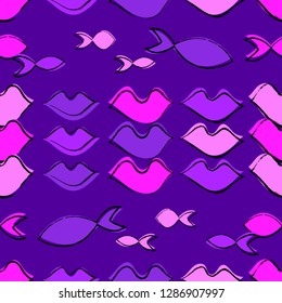 Seamless vector background with lips and fish in pop art style. Cute cartoon. Can be used for wallpaper, textile, invitation card, wrapping, web page background.