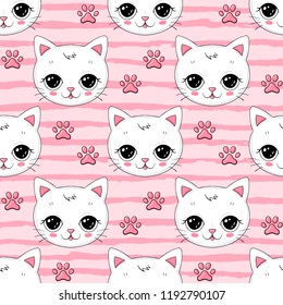 seamless vector background with little cute cat, adorable kitten. can be used as a children clothes fabric print design, wrapping paper, surface pattern