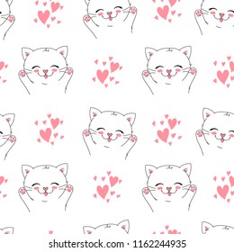 seamless vector background with little happy cat, adorable cute kitten. can be used as a children clothes fabric print design, wrapping paper, surface pattern