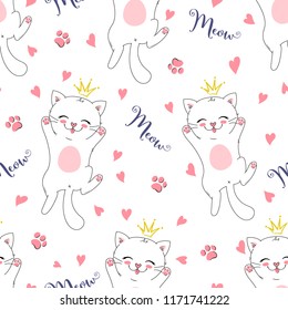 seamless vector background with little happy cat, adorable cute kitten. can be used as a children clothes fabric print design, wrapping paper, surface pattern