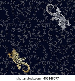 Seamless vector background - lizard on a background of plants.