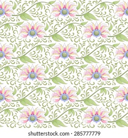Seamless vector background. Lotus flowers and leaves are painted by watercolor. Imitation of chinese porcelain painting.
