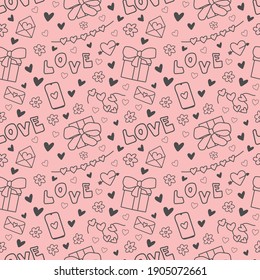 Seamless vector background with love words, gifts, elements in doodle style. Hearts, garlands, telephone, flowers, love letters.Pattern for textiles, wrapping paper, for Valentine's Day, wedding site