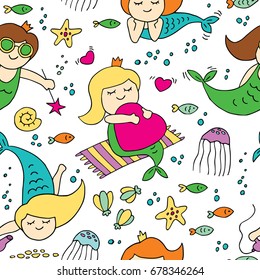 Seamless vector background with mermaids, fish, jellyfish and starfish.