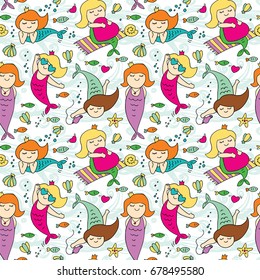 Seamless vector background with mermaids, fish, jellyfish and starfish.