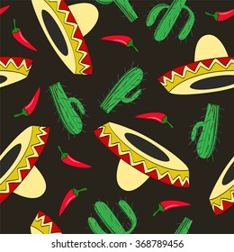 seamless vector background with Mexican symbols sombrero hat, cactuses and chili pepper