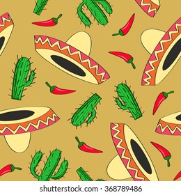 seamless vector background with Mexican symbols sombrero hat, cactuses and chili pepper