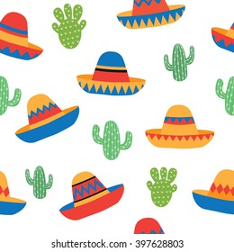 seamless vector background with Mexican symbols sombrero hat