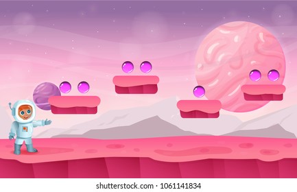 Seamless vector background with mountains, planets, ground, stars and astronaut for platform game devoted to space and universe
