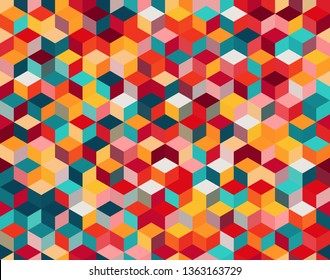 Seamless vector background with multicolored cubes in 3D style. Geometric pattern.