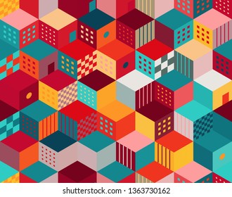 Seamless vector background with multicolored cubes in 3D style. Geometric pattern.