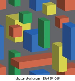 Seamless vector background with multicolored cubes and cuboid in 3D isometric style. Geometric pattern. Yellow, red, green and blue childern building block on grey background