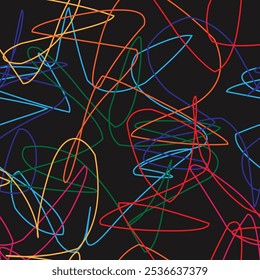 Seamless vector background multicolored doodles. Hand drawn multicolored lines on dark background, children's drawing. Web design, textile, wallpaper, packaging