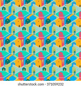 Seamless vector background with multicolored houses, windows and stairs. Abstract urban background. City seamless pattern. Flat style. Good for wallpapers, web page, surface textures, wrapping paper