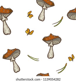 Seamless vector background with mushrooms, needles and moths. Amanita fly agari.