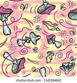 Seamless vector background with mushrooms, needles and moths. Amanita fly agari.