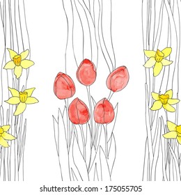 Seamless vector background with narcissus (daffodils) and tulips in vintage style