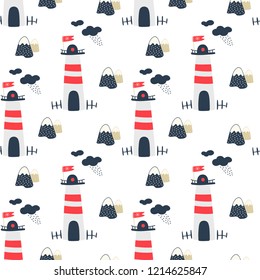 seamless vector background in nautical style lighthouse in red blue color