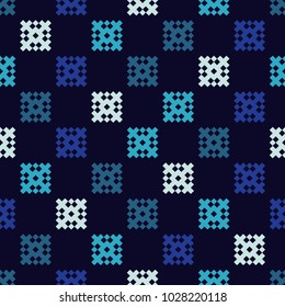 Seamless vector background with Norwegian snowflakes. The texture of the primitive snowflakes. Pixel snowflakes. Winter pattern. Textile rapport.