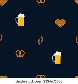 Seamless vector background for Oktoberfest festival, with beer glasses, bavarian sausage, pretzel and traditional cookies, on a blue background. For wallpaper, print, textile, packaging, scrapbooking.