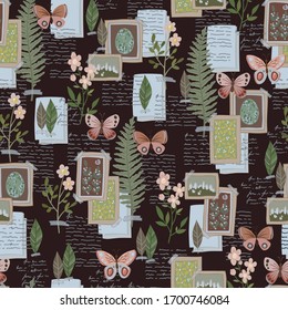 Seamless vector background with old letters, herbarium and postage mark.  