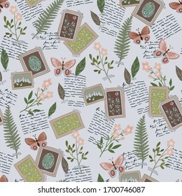 Seamless vector background with old letters, herbarium and postage mark.  