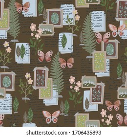 Seamless vector background with old letters, herbarium and postage mark.  