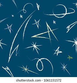 Seamless vector background on a space theme, drawing from a hand of stars on a dark blue background to the day of astronautics April 12, cosmic space. Stars in heaven