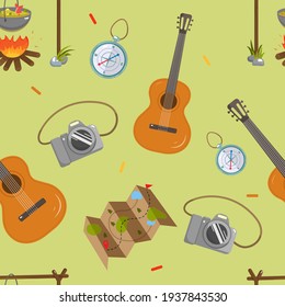 Seamless vector background on the theme of summer outdoor recreation. Camping. Hike. Tourism. Light green background.