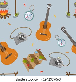 Seamless vector background on the theme of summer outdoor recreation. Camping. Hike. Tourism. Blue background