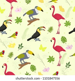 Seamless vector background on a tropical theme with flamingos and other birds